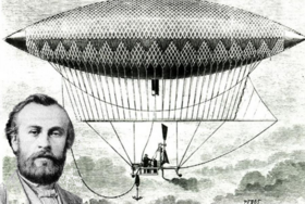 Jules Henri Giffard and an illustration of the airship he piloted