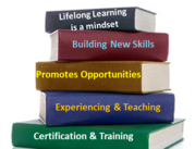 Books titled "Lifelong Learning is a Mindset," "Building New Skills," and more
