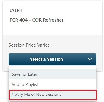 Screenshot from FAI CSOD, with red box highlighting the "Notify Me of New Sessions" feature