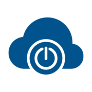 Blue cloud surrounding a blue power icon in clip art sytle