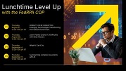 Slide titled “Lunchtime Level Up with the FedRPA COP” listing four event dates, topics, and times beside an image of a man using a laptop.