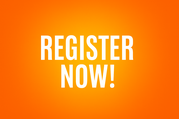 Bold white text reading “REGISTER NOW!” centered on a vibrant orange gradient background with a bright center glow.