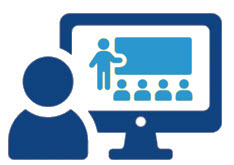 An icon showing a person in front of a computer monitor with a training scene displayed, including an instructor figure and audience icons.