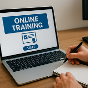 A person writes in a notebook beside a laptop screen displaying “Online Training” with a start button and certificate icon.