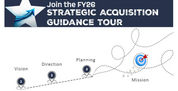Graphic titled “FY26 Strategic Acquisition Guidance Tour” showing a dotted path from Vision, Direction, and Planning to a Mission target icon.
