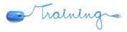 A blue computer mouse with its cord shaped into the word “Training,” ending in a USB plug on a white background.