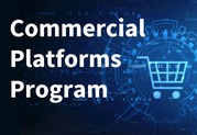 Blue digital graphic with shopping cart icons and the text “Commercial Platforms Program,” representing online purchasing and e-commerce tools.