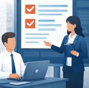 Illustration of two professionals discussing requirements, with one pointing to a checklist on a screen while the other works on a laptop.