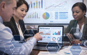 Three professionals review performance charts on a laptop, with graphics showing requirements, strategy, market research, RFP and proposal steps.