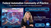 Federal Automation Community of Practice graphic promoting “Vibe Code Edition” session with Andrea Azarcon Heller, April 28, 12–1 PM ET