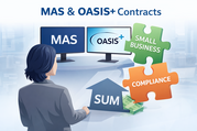 Illustration of MAS and OASIS+ on monitors, with icons for small business and compliance, and an arrow showing increased Spend Under Management