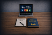 A laptop shows “Study Challenge” beside a notebook and FAR book on a wooden desk, arranged neatly for contracting exam preparation.
