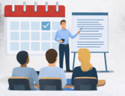 Instructor presents to three seated learners beside a calendar icon and flip chart in a classroom-style training setting.