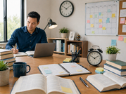 A person studies at a desk surrounded by open books, a planner, sticky notes, a wall calendar, and clocks in a bright office.