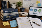 A desk displays acquisition reference books, COR training materials, review notes, and a laptop showing a course improvement process.