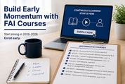 A laptop displays an online course enrollment screen beside a blank mug, notebook, clipboard, and plant on a desk.