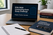 Laptop displaying an exam study slide beside notebooks, books and glasses on a wooden desk.