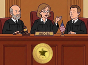 Illustration of three judges seated at a courtroom bench with a gavel, U.S. flag, and court seal.