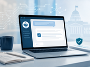 Laptop displaying an AI chat interface on a desk with digital icons, documents, and a government building silhouette in the background.