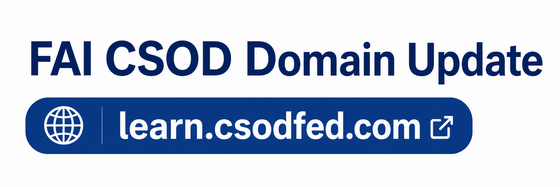 Graphic announcing the FAI CSOD domain update with the new URL, learn.csodfed.com.