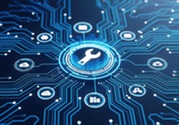 Digital circuit board with a central wrench icon connected to cloud, security, and data symbols.