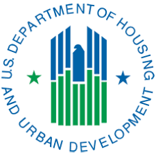 U.S. Department of Housing and Urban Development logo with blue and green building icon and circular agency name text.