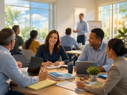 Professionals participate in a summer training session with laptops, notebooks and course materials.