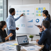 Professionals review workflow diagrams and charts during a process improvement planning session.