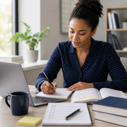 A professional studies at a desk with a laptop, notebook, checklist, and reference materials.