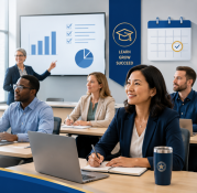 Professionals attend instructor-led training with laptops, charts, and calendar graphics in a classroom.
