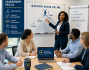 Instructor leads leadership skills training as professionals discuss goals around a conference table.