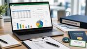 Laptop displaying spreadsheets and charts on a desk with acquisition documents, notes, and Excel skills certificates.
