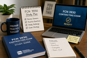 Study desk with laptop, FCN 3930 study guide, checklist, coffee mug, notes, and exam reminder.