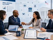 Four professionals meet as two shake hands, with charts and icons highlighting small business partnerships, contracting and growth.