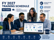 Four acquisition professionals review an FY 2027 training schedule on a laptop, highlighting certification and continuous learning.