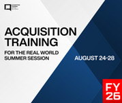 Graphic promoting Acquisition Training for the Real World Summer Session, August 24–28, with blue geometric shapes and an FY26 logo.