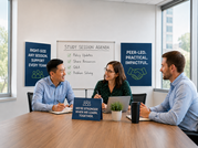 Three colleagues discuss policy updates during a peer-led study session in a bright conference room.