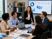 Five professionals discuss category management data displayed on laptops, reports and a large screen.