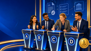 Four professionals compete in a policy quiz, selecting answers at illuminated podiums for one CLP.