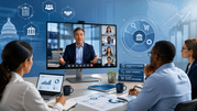 Federal employees join a video conference while reviewing charts and digital collaboration icons on a large screen.