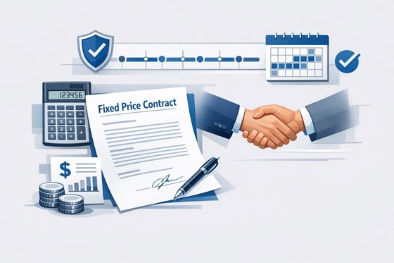 Illustration of a signed fixed-price contract, handshake, calculator, coins, calendar, shield and check marks.