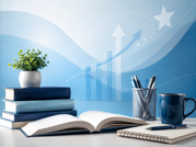 Open book, stacked books, notebook, pens, coffee mug and plant on a desk with blue graphics suggesting learning and growth.