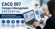 CACQ 007 Category Management Credential graphic with training topics, a laptop dashboard, and course details: online, 9 hours, valid 5 years.