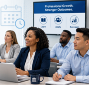 Four professionals attend a training session, seated with laptops and notes, in front of a screen reading “Learn, Apply, Succeed.”