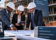 Three acquisition professionals in hard hats review construction plans at an active jobsite beside FAR and acquisition policy reference books.