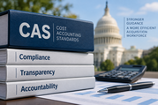 Cost Accounting Standards binders sit beside a calculator and documents, with the U.S. Capitol in the background.