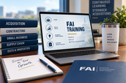 Laptop displaying FAI training resources sits beside acquisition books, a notebook and tumbler in a professional office setting.
