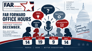 FAR Forward Office Hours graphic shows discussion icons, participant silhouettes, and session dates: Sept. 14, Oct. 19, Nov. 9, and Dec. 14.