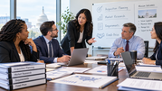 Federal acquisition professionals collaborate on planning, market research, requirements, and fixed-price contracting in a meeting room.