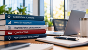 Modern workspace with books on acquisition planning, market research, requirements, contracting, and professional development.